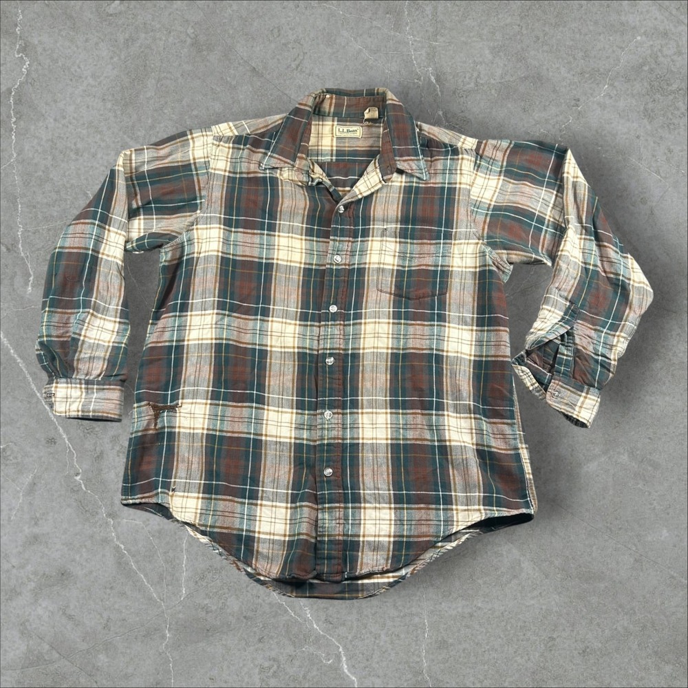 LL Bean Flannel Shirt Men Large Long Brown Green Plaid Usa Made Workwear Vintage